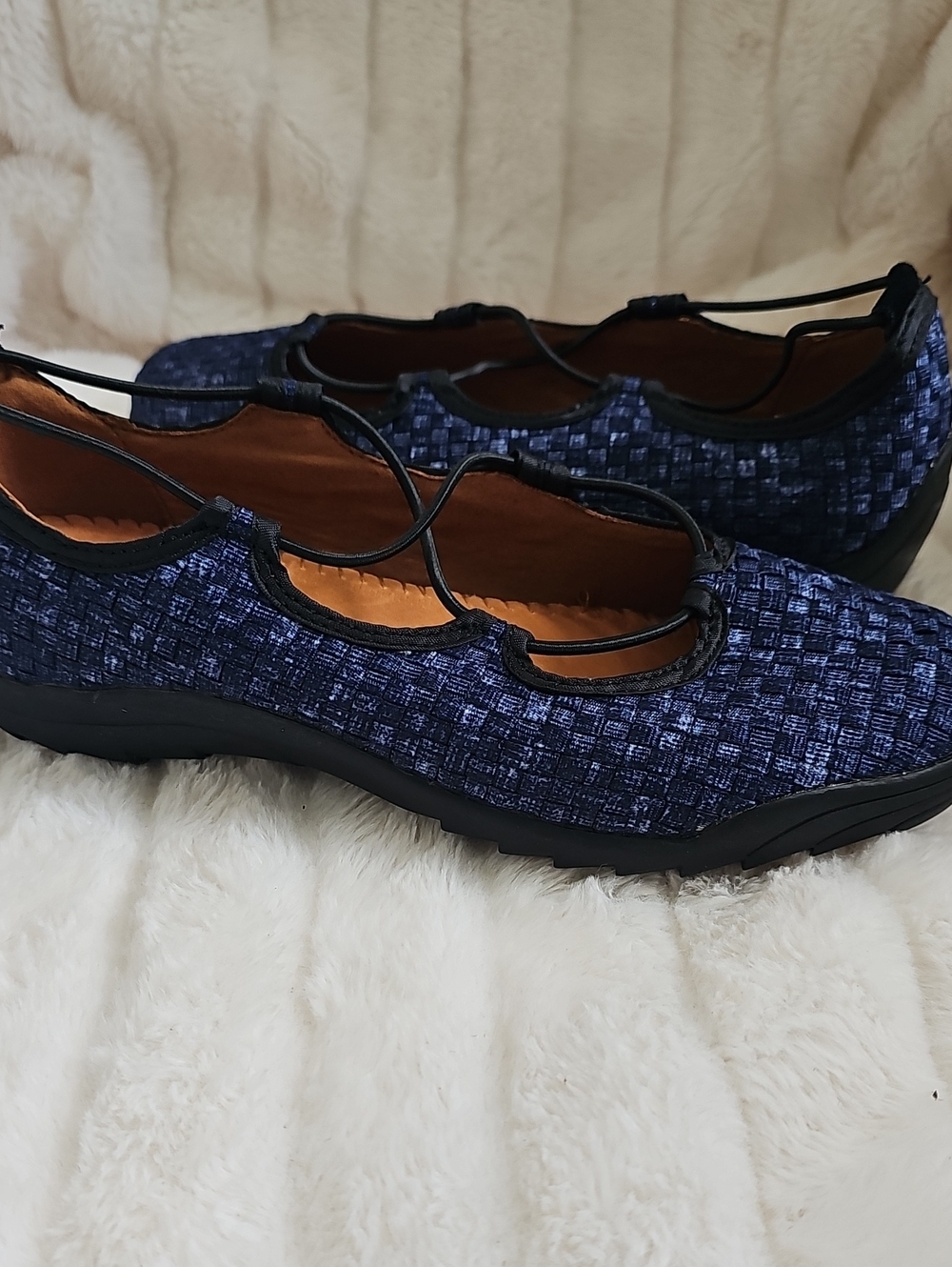 bernie mev. Navy Blue Textured Mary Jane Flats with Elastic Straps